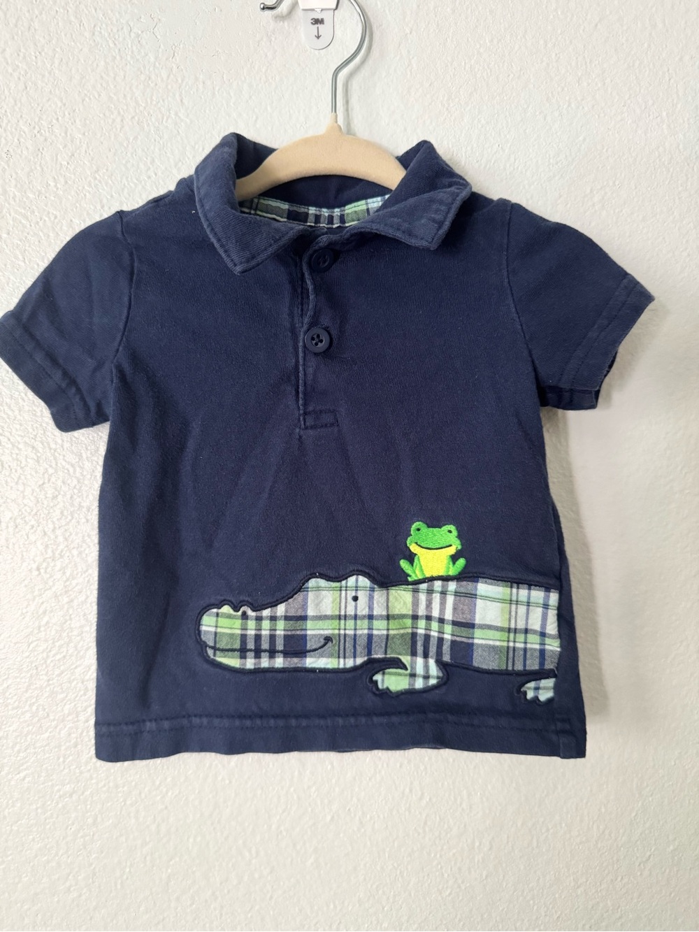 Child of Mine by Carters Navy Blue Infant Polo Shirt w/ Plaid Alligator & Frog